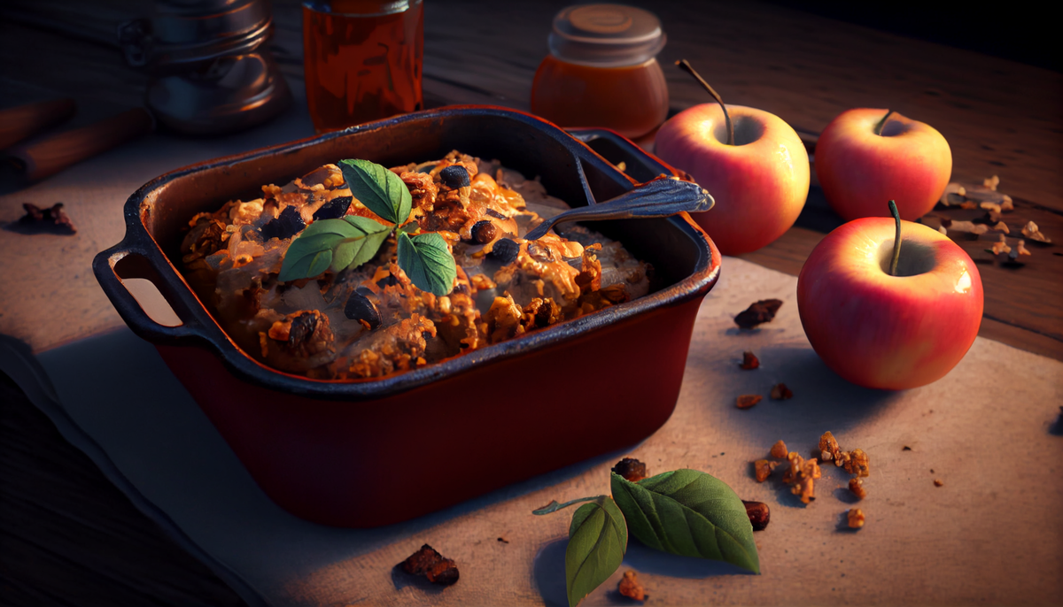 Автор: MidJourney, по описанию: Baked oatmeal with apples and walnuts, unreal engine 5, --ar 16:9