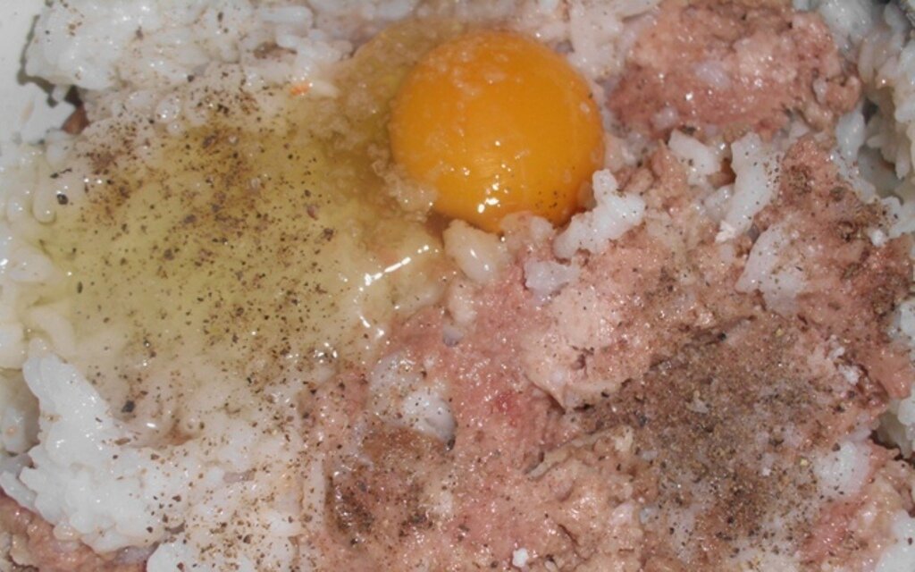 Смесь мясного фарша с отваренным рисом, яйцом, солью и специями для приготовления тефтелей в томате. Мое личное фото 