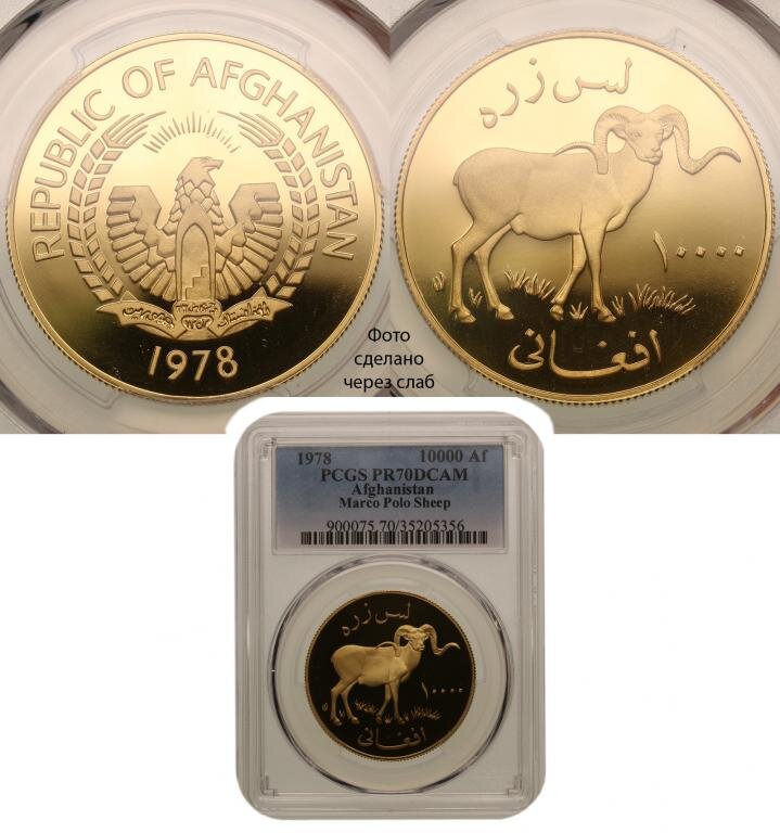 Афганистан. 10000 афгани 1978 года. Proof. В слабе PCGS PR70DCAM. Золото. У. Цена: 545 000р. Источник фото: Auction.ru