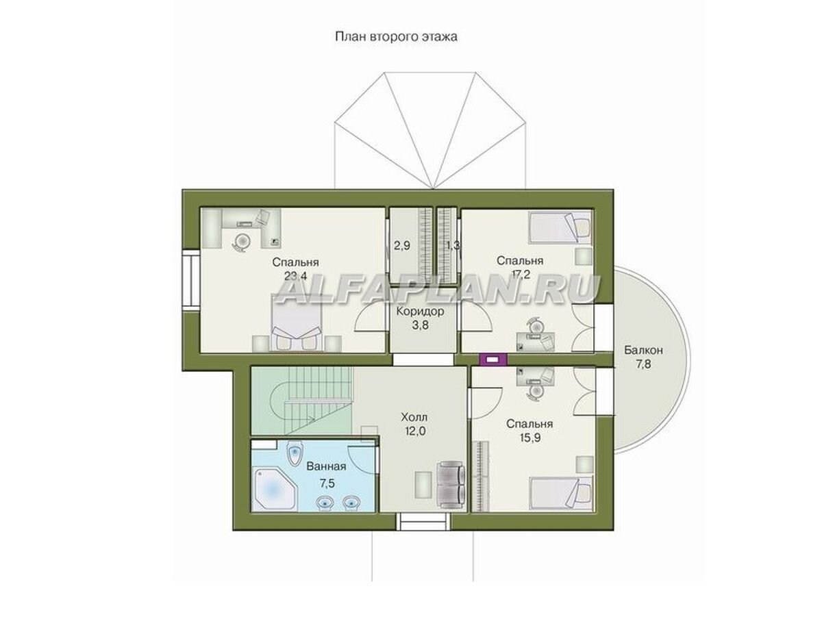 2  этаж — традиционно приватная зона, где расположены 3 спальни, небольшой холл и ванная комната. Из меньших спален в правой части дома организован выход на балкон. Спальни, объединенные небольшим коридором, имеют небольшие, но удобные гардеробные.
