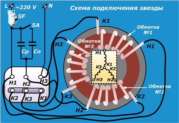 Схема соединения обмоток статора звезда