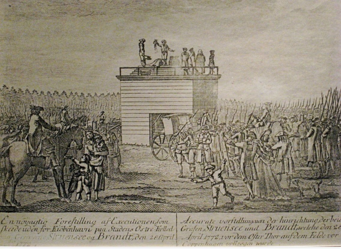 Гравюра XVIII века, на которой запечатлена казнь Иоганна Фридриха Струэнзе и его друга Эневольда Брандта. 