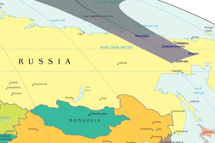 Карта видимости кольцеобразной фазы солнечного затмения в России, изображение Alcyone eclipse