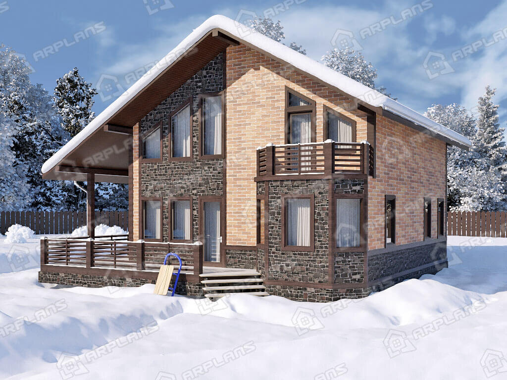 Фото 1 двухэтажного каркасного дома с мансардой, 3 спальнями, балконом, эркером, вторым светом и террасой. Общая площадь 170 кв м. Источник arplans.ru Проект И-007