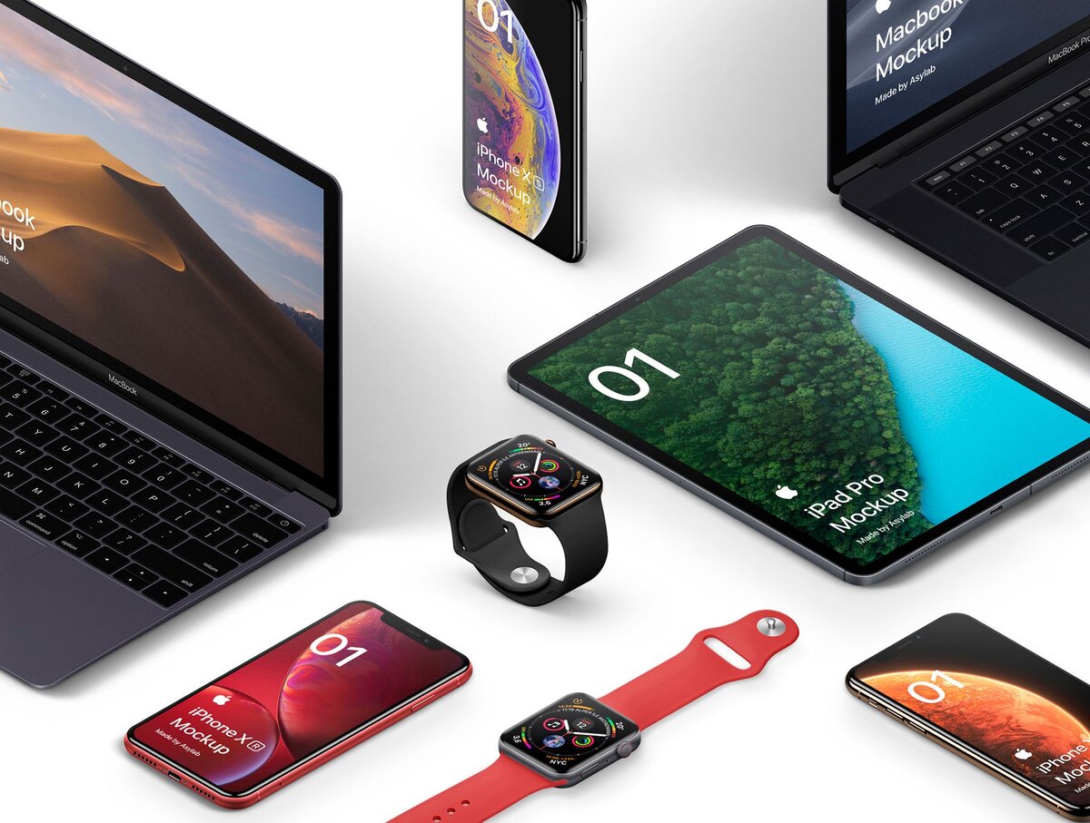На картинке показано продукты: MacbookPro, iPhone XR, Apple Watch Series 5 and 6, iPad 10.9! 