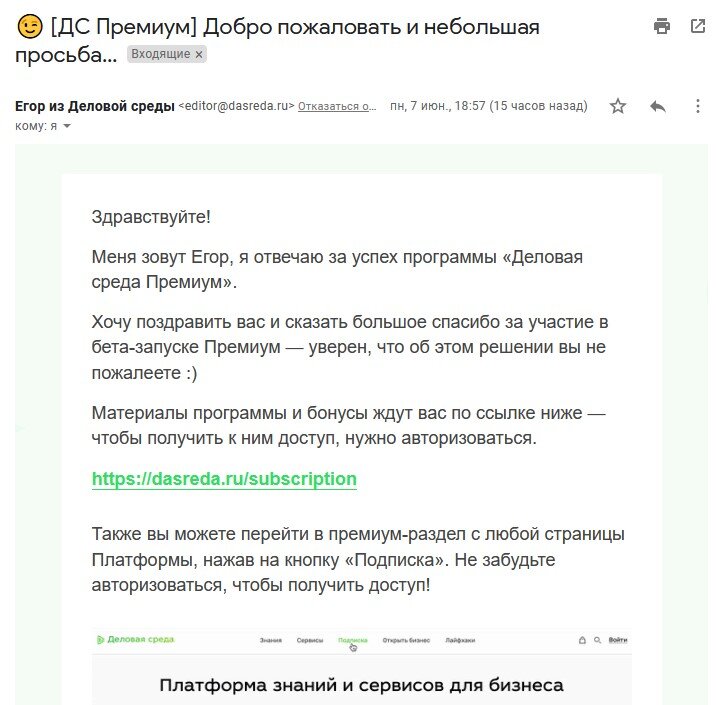 А вот та же "Деловая среда", только эта цепочка запускается после оплаты подписки. Приходит параллельно с первой.