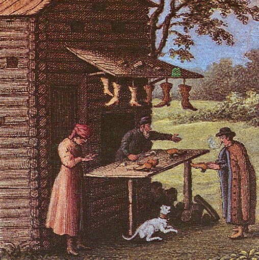 знаменитая гравюра XVIII века, где башмачник реализует свою продукцию из подобного шалаша (booksite.ru) 