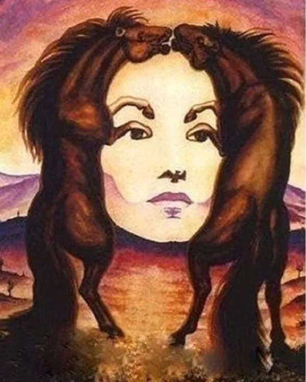 Что первым вы увидели на этом изображении? Женское лицо? Лошадей? Пейзаж? Горы и птицы?