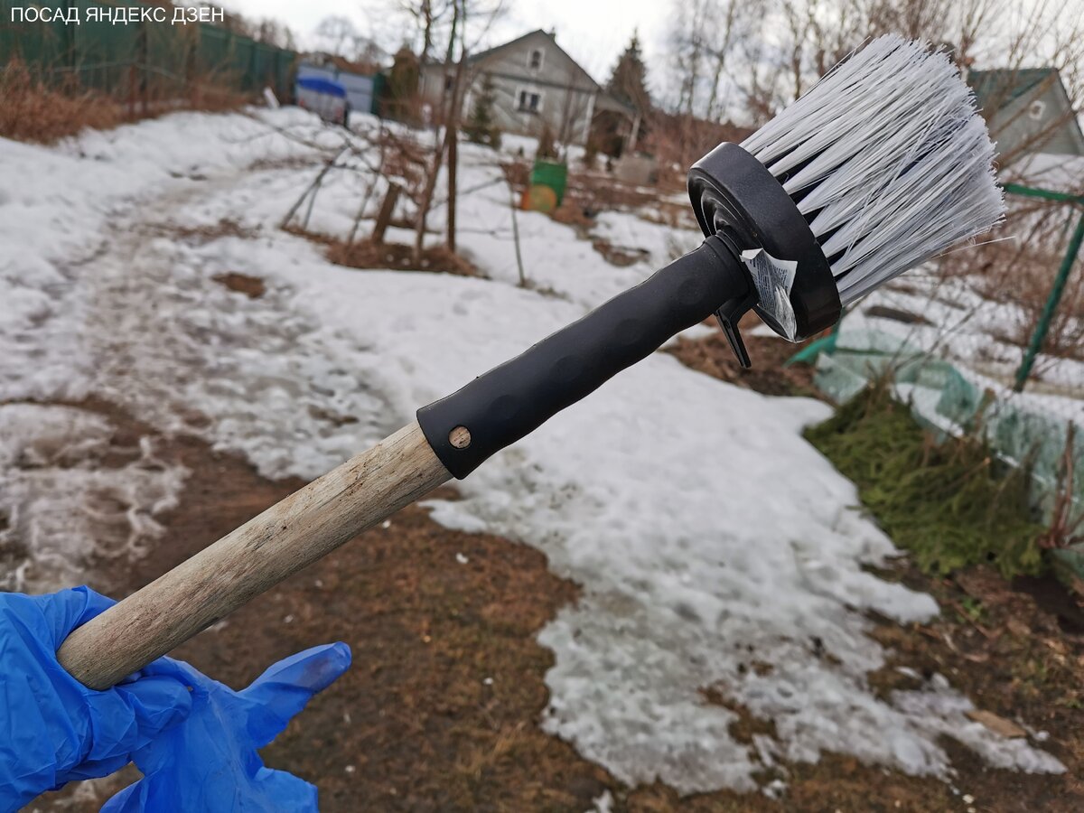По моему опыту лучшая кисть для побелки деревьев - круглая.