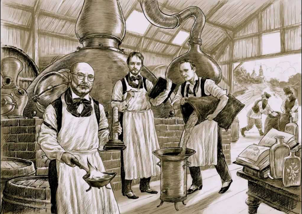 Россия, винокурня, XIX век. Здесь, как видите, производят еще не ректификат, а дистиллят
