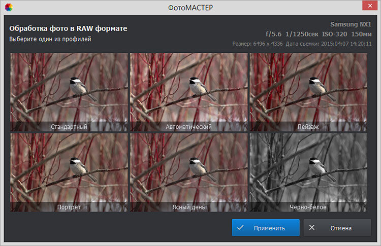 ФотоМАСТЕР предлагает встроенные профили для быстрой обработки RAW