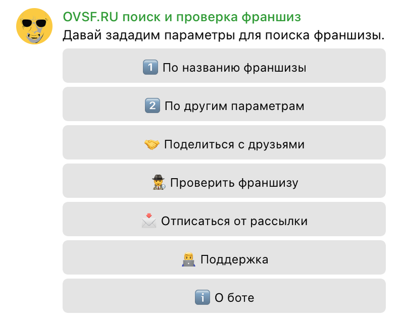 Telegram Bot №1 по поиску и проверке франшиз https://t.me/ovsf_bot