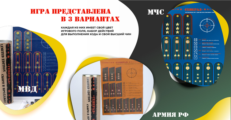 ЗАДАЧА ИГРОКОВ: построить карьеру от «младшего лейтенанта» до «генерал-полковника». Одновременно участвовать в игре могут не более 6 человек. Выигрывает тот, кто первым достигнет звания «генерал-полковник».
