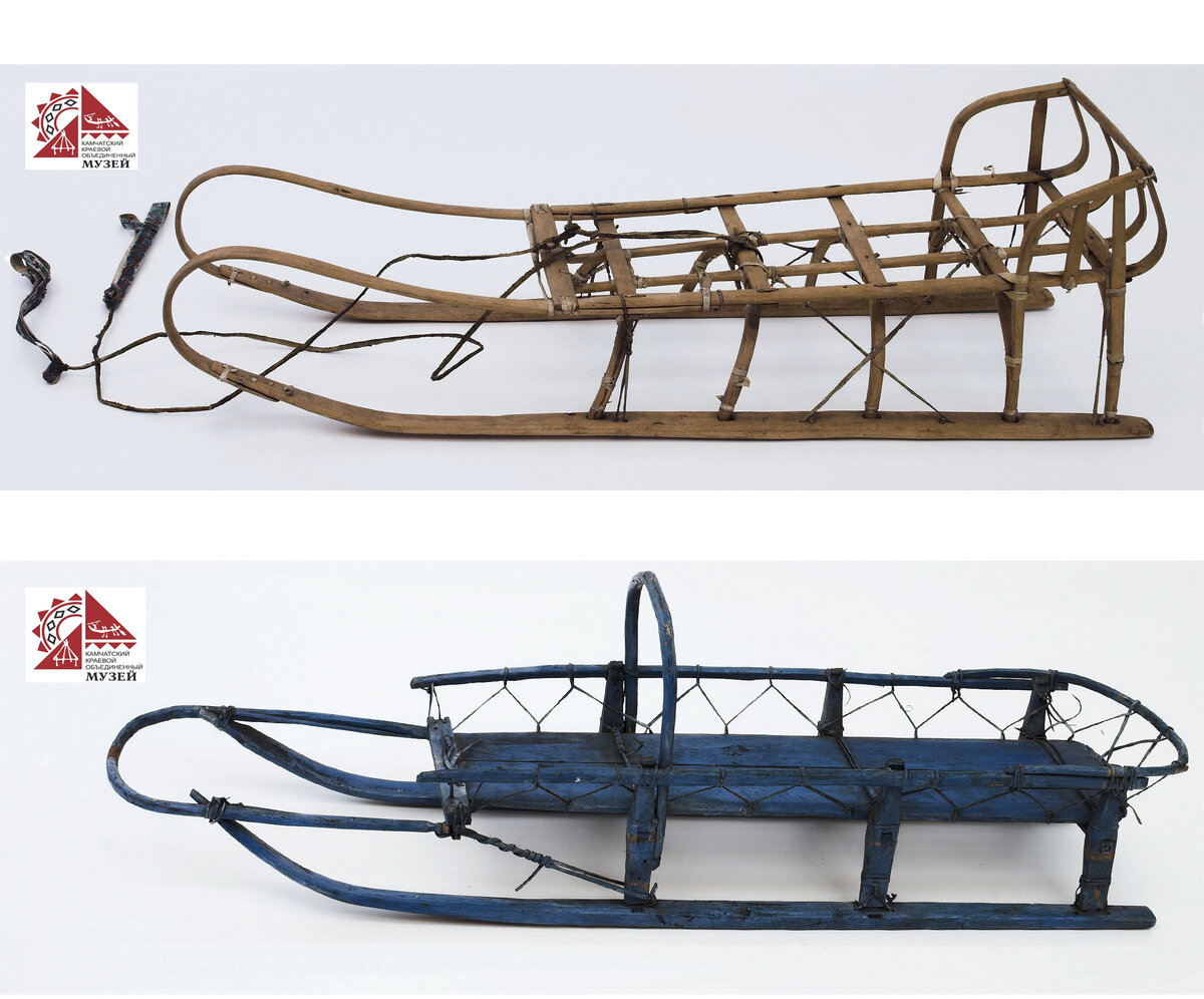 Вверху – нарта оленья (дугокопыльная). Внизу – нарта собачья (прямокопыльная). Теперь одну с другой вы никогда не спутаете. Из фондов КГБУ ККОМ