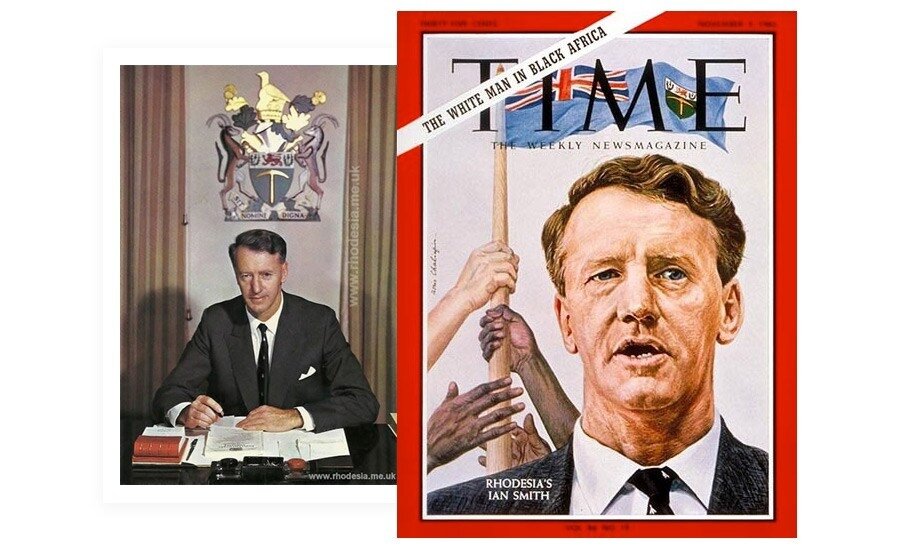 Слева: Ян Смит в кресле премьер-министра независимой Родезии. Справа: «Белый человек в черной Африке: родезийский Ян Смит». Обложка Time 1965 года
