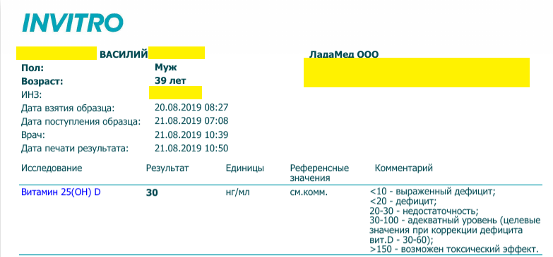 Результат анализа до начала приема Витамина Д.