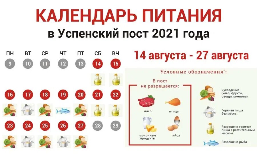 Календарь питания на Успенский пост 2021