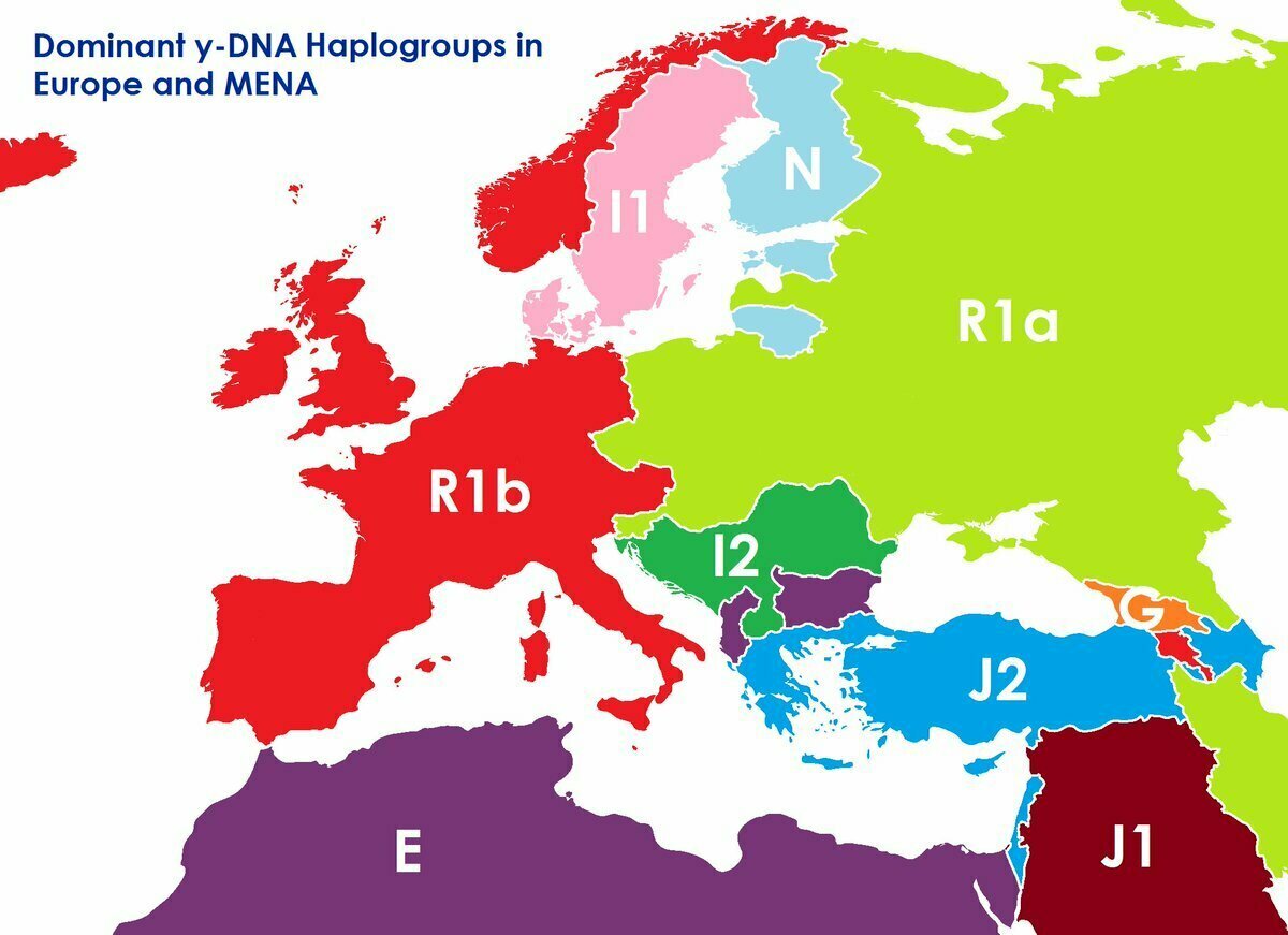 доминирующие гаплогруппы (обратите внимание на границы R1a и R1b)