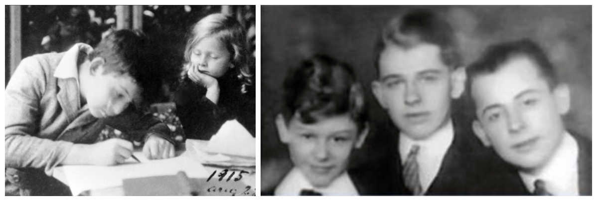 Слева : Джон фон Нейман в возрасте 11 лет (1915 г.) со своей двоюродной сестрой Каталин Алькути. Справа: братья Нойманны Миклош (1911–2011), Михай (1907–1989) и Янош Лайош (1903–1957).