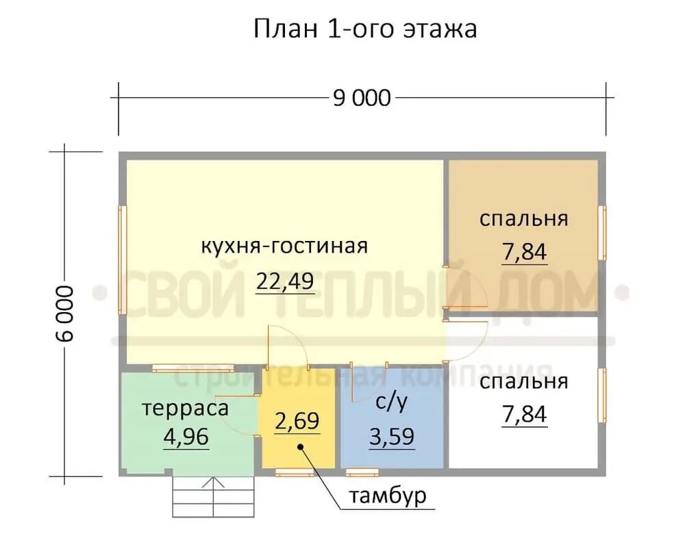 Компактный каркасный дом: проект 6х9 с кухней-гостиной и двумя спальнями |  СвойТеплыйДом | Дзен