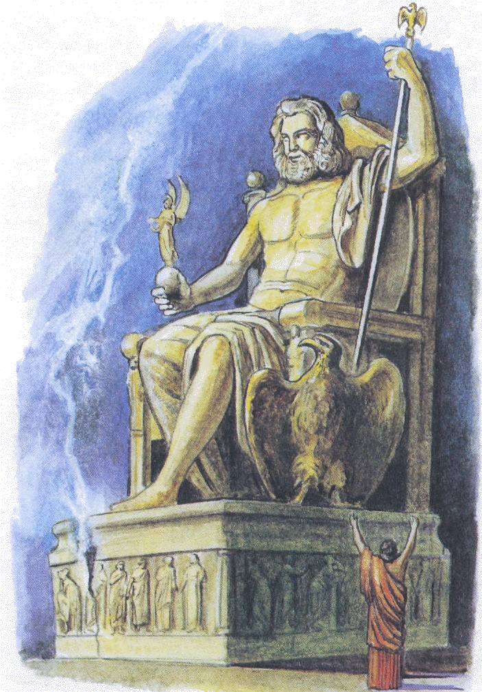 Рисунок бога юпитера. Статуя Зевса в Олимпии. Зевс Бог древней Греции на троне. Трон Зевса в Олимпии. Семь чудес света статуя Зевса.