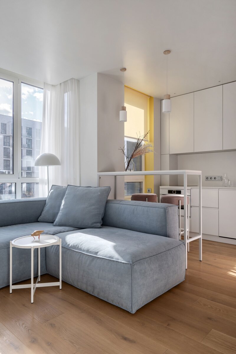 Гостиная и кухня. Диван, “Интерия”; журнальный столик, Archdep Furniture; торшер, Nordlux; тюль, Татьяна Никитина; на полу паркетная доска.Фото: Александр Кондрияненко