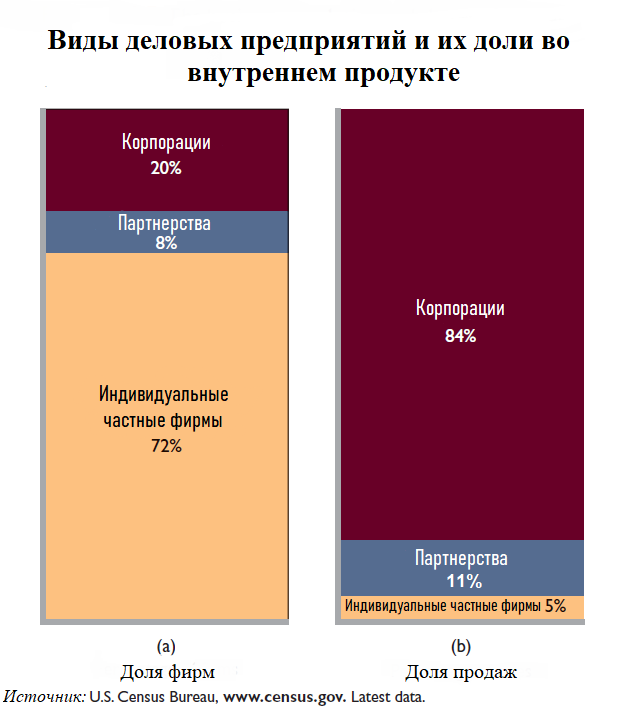 Слева приведена диаграмма, из которой видно, что по численности предпринимательских единиц на долю среднего и малого бизнеса (партнерства и индивидуальные частные фирмы) приходится 80 %, а на долю крупного бизнеса (корпорации) всего 20 %. 

Справа приведена доля продаж. И совокупная доля малого и среднего бизнеса составляет всего лишь 16 %. На долю крупного бизнеса приходится более 80 % всех продаж.