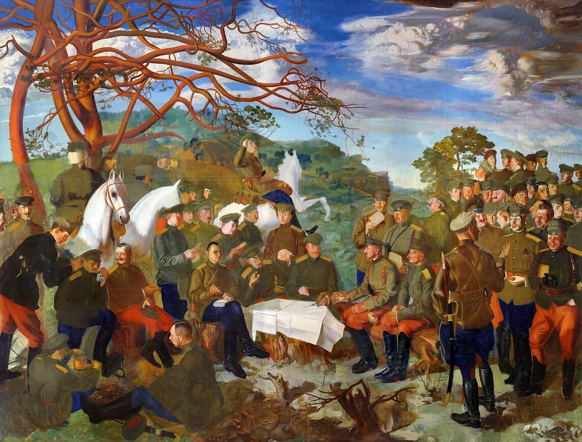 Полк на позициях. Группа офицеров 4-го Мариупольского полка на Рижском фронте. Художник В. Шухаев, 1917 г. 