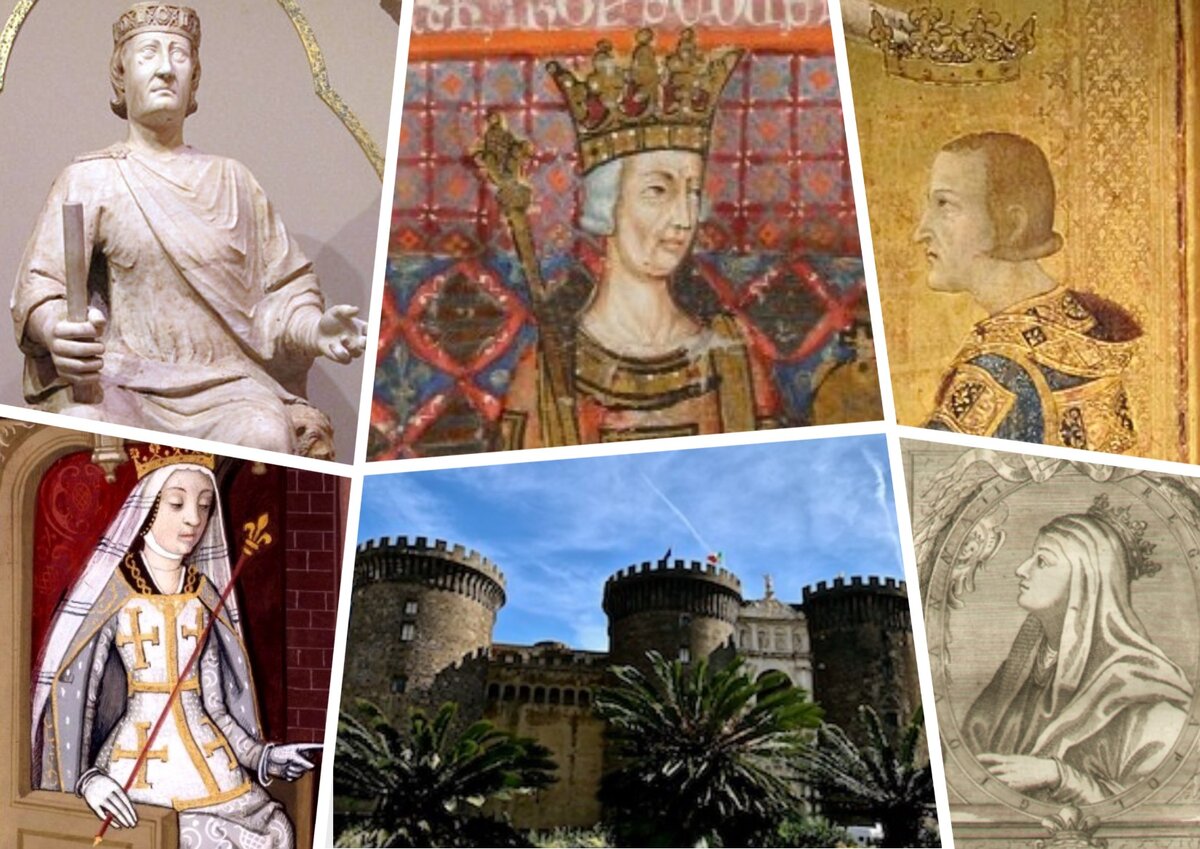 Короли и королевы Неаполя из Анжуйской династии (ветвь Капетингов). Вверху - Карл I, Карл II, Робер I. Внизу - Джованна I, Джованна II.