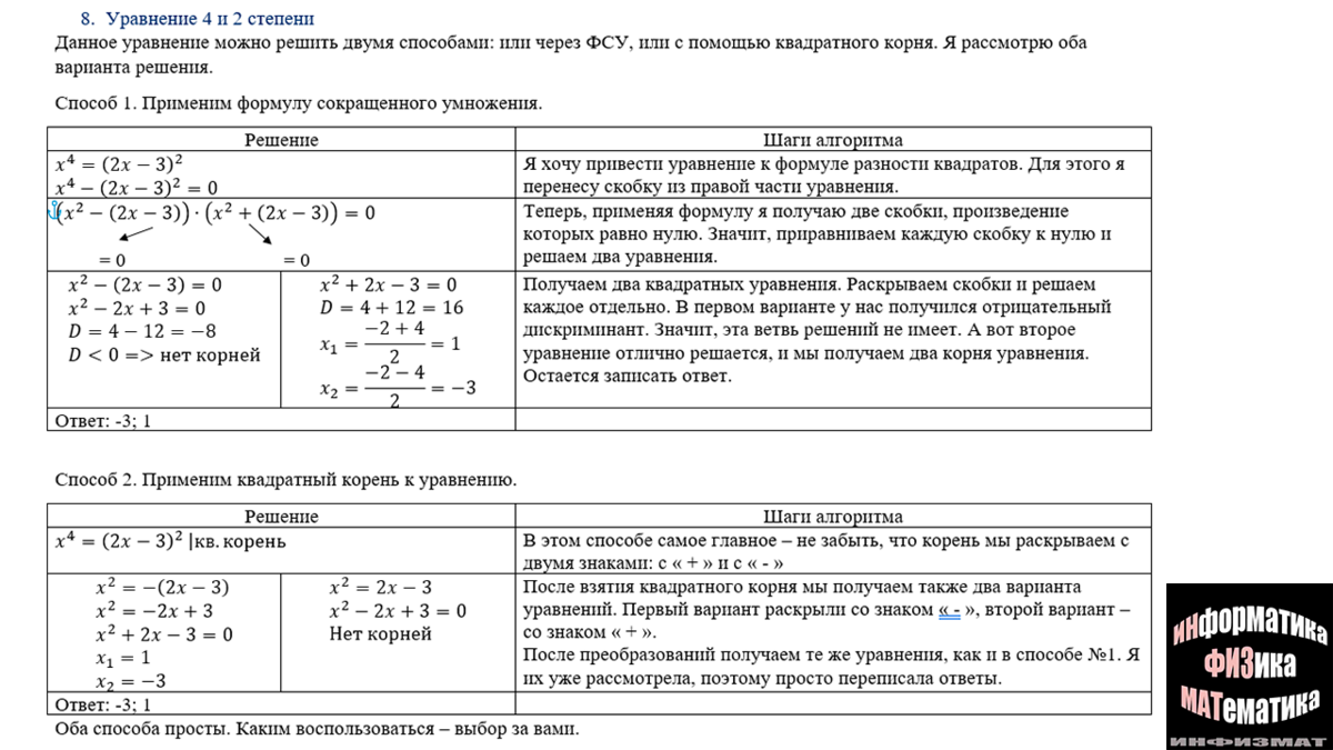 Разбор уравнения с 4 и 2 степенью из №20 второй части ОГЭ по математике.  Рассмотрим два способа решения | In ФИЗМАТ | Дзен