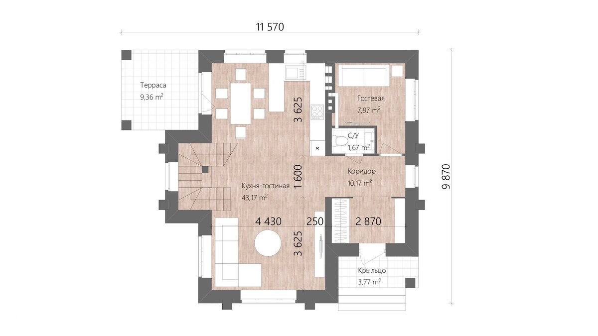 Первый этаж - это огромная кухня- гостиная (43 м²) с выходом на террасу (9.4 м²), небольшим санузлом (2 м²) и гостевой комнатой (8 м²)