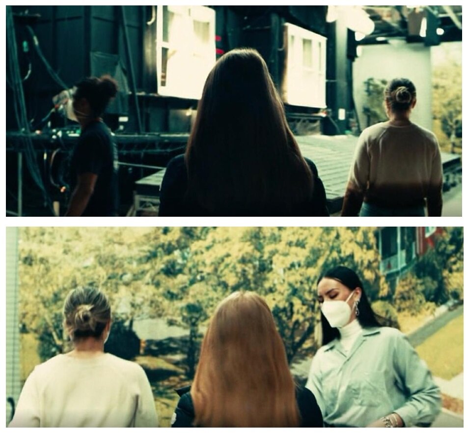 Entering. Джессика Честейн приходит на площадку, она ещё является собой, актрисой, сначала она в затемнении, постепенно входит на освещённую территорию. Лицо зрителю тоже показывают не сразу (это распространённый приём, чтобы знакомить зрителя с героем плавно) 