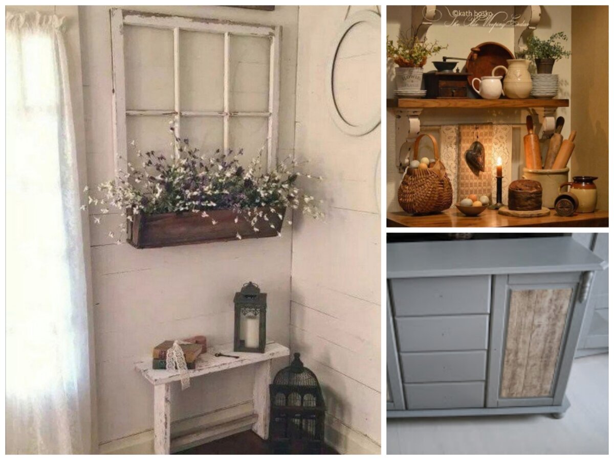 Старая мебель с потертой краской и предметы из чугуна, глины, плетеные