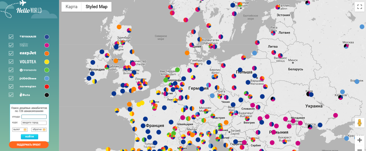  Сервис helloworldmap.ru помогает подобраться маршруты европейских лоукост-перевозчиков.