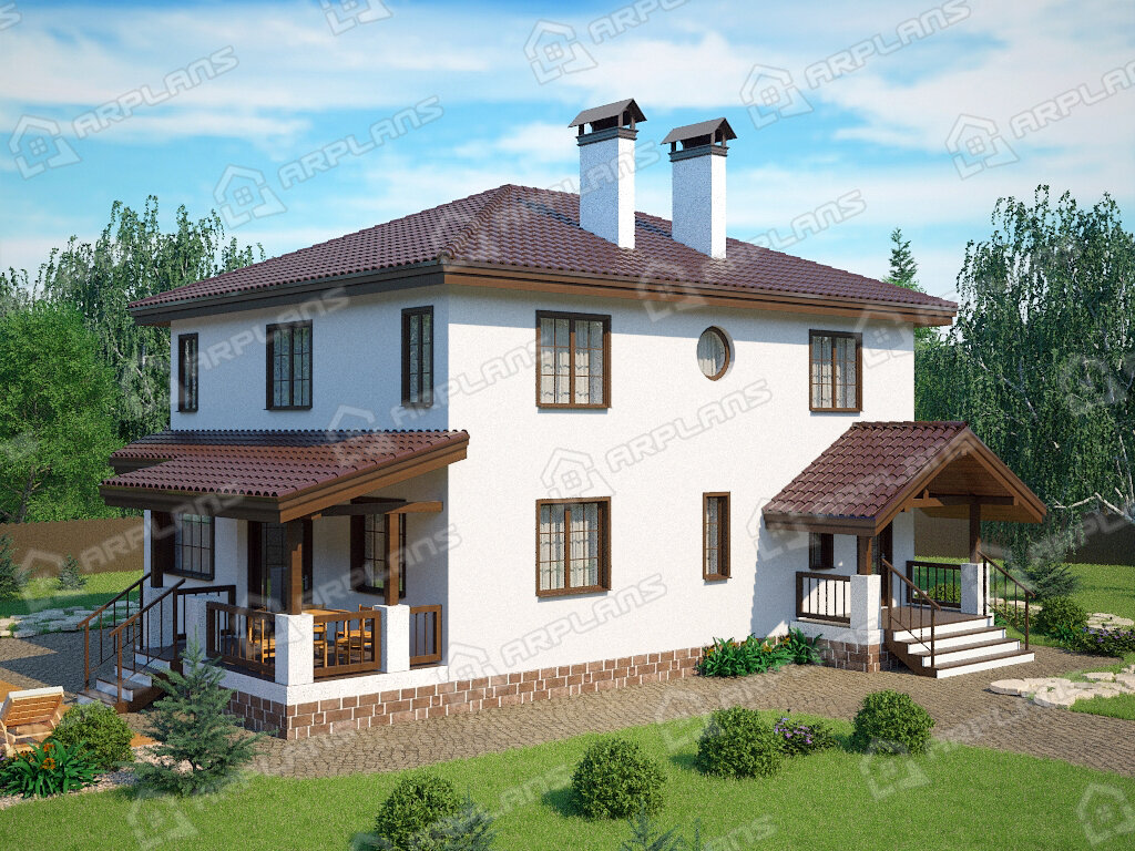 Фото 1 двухэтажного дома из газобетона с 3 спальням, эркером, гостевой, кабинетом, газовой котельной и террасой. 170 кв м. Источник arplans.ru Проект К-136