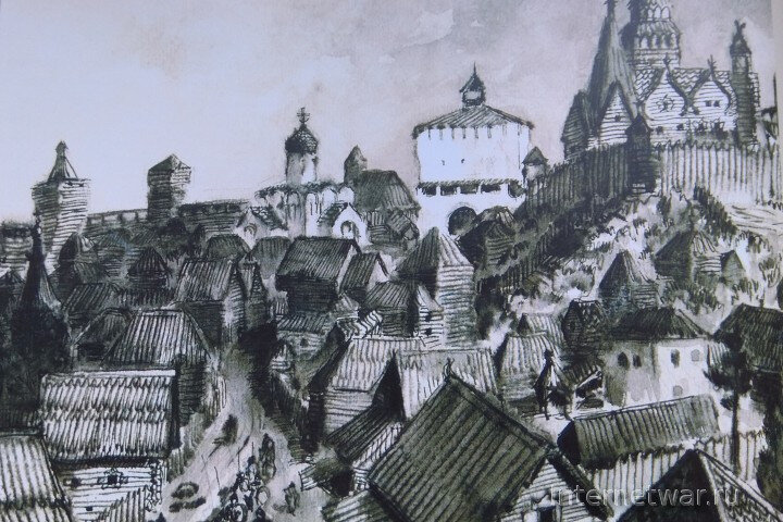 Нижний Новгород, вторая половина XIV в. Рисунок С.Л. Агафонова. Улица — Ивановский съезд, по центру стены каменная Дмитриевская башня, слева от нее Спасо-Преображенский собор, справа княжеский терем.