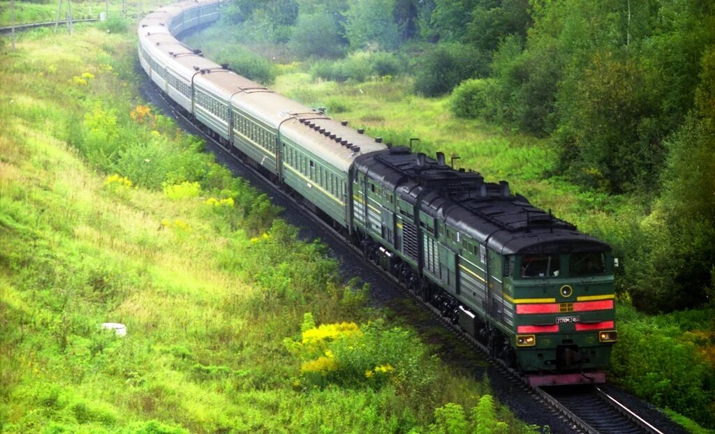 2 пассажирских и 2 грузовых. Тепловоз 2тэ25км. Тепловоз 2тэ116 товарный. Грузовой тепловоз 2тэ70. Два поезда навстречу картинка.