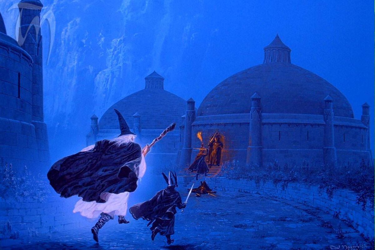 Гэндальф вместе с Пиппином отправляется спасать Фарамира от Денетора II. Тед Несмит.