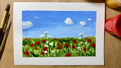 Как нарисовать поле с цветами гуашью. Рисуем летний пейзаж. Рисование с нуля