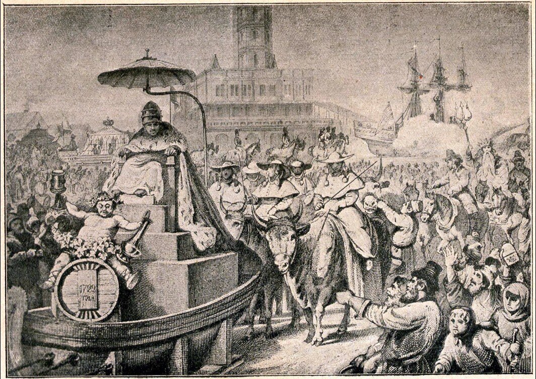 Маскарад в Москве, в феврале 1722 года, по случаю празднования Ништадского мира. Гравюра с рисунка А.И. Шарлеманя