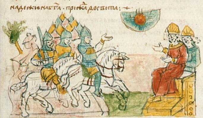 Миниатюра Радзивилловской летописи XV века, сопровождающая рассказ о "пополохе" в дружине Андрея Боголюбского во время продвижения к Луцку.  