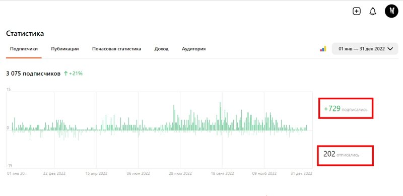 Вкладка "Подписчики" сообщает, что за 2022 год, канал прирос на 729 подписчиков