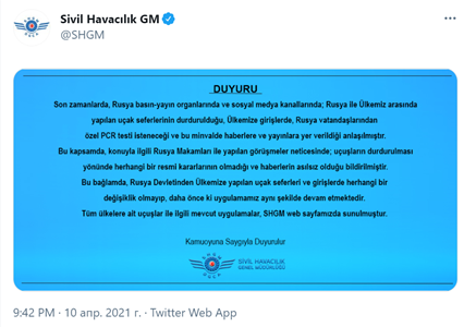 " Скрин сообщения в twitter Управления Гражданской авиации Турции"