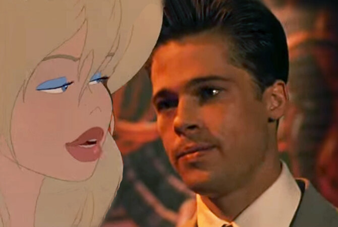 Брэд Питт и мультяшная Ким Бейсингер в фильме «Параллельный мир», 1992 год