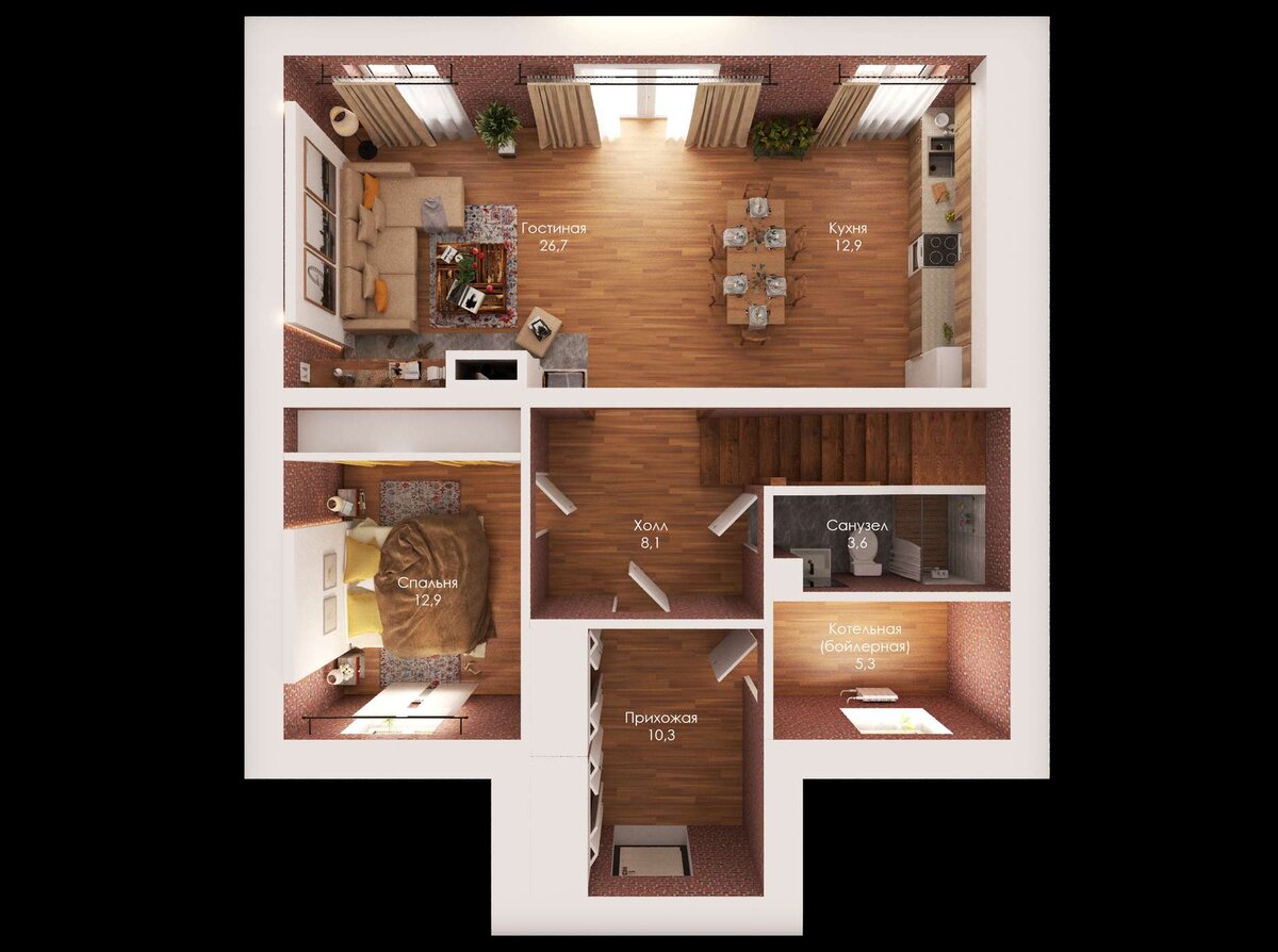 План с расстановкой мебели, 1 этаж