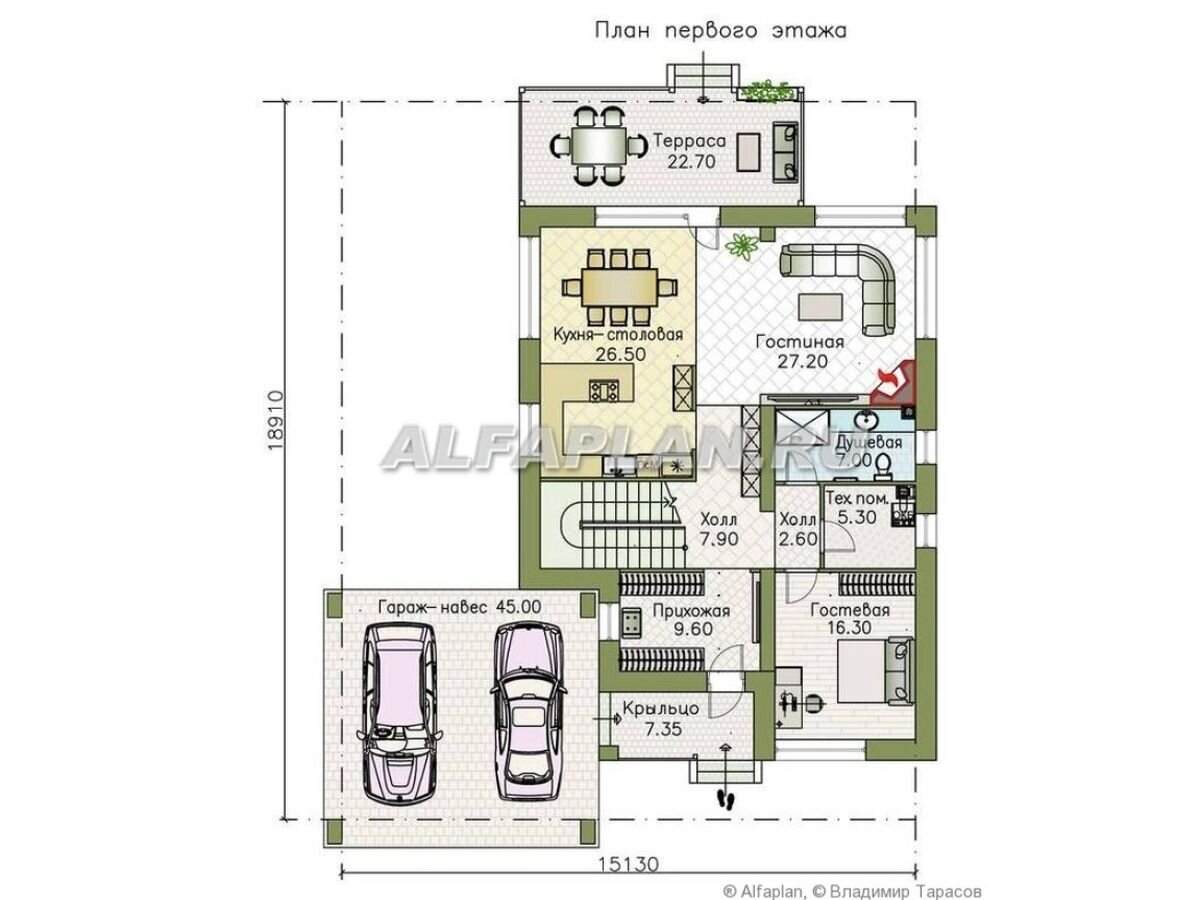 НА СЛАЙД-ШОУ 3 ФОТО: Планировка дома по проекту "Золотой ключик" 635В
· Прихожая с встроенными шкафами · В отдельном блоке – гостевая комната, санузел с душевой и тех.помещение (котельная) · светлая гостиная с уютной зоной отдыха возле углового камина и кухня-столовая – единый объем · столовая соединена с крытой террасой для отдыха и трапез на свежем воздухе