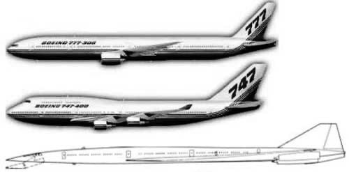Размер Boeing 2707 в сравнении с Boeing 747 и Boeing 777