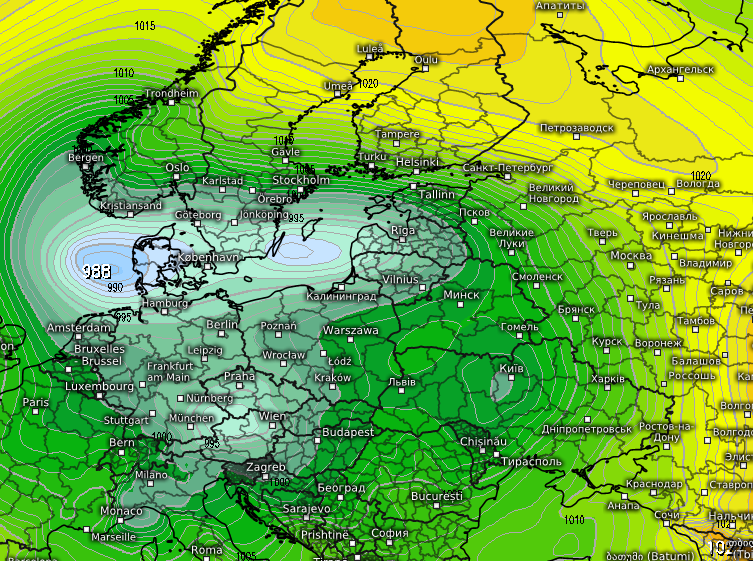 Формирование волнового циклона вблизи Киева в ночь с 11 на 12 апреля 1998 г. 
Источник: https://meteologix.com/
