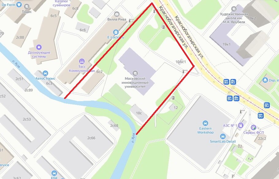 Примерные границы исторического владения красильной фабрики на современной карте (современный адрес - Краснобогатырская улица, 10). Сейчас территорию занимает Московский инновационный университет