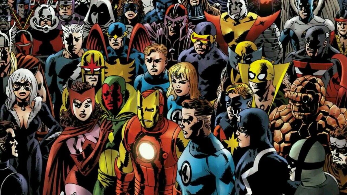 Marvel many. Marvel Супергерои комикс. Мстители мультивселенной. Комиксы Марвел Марвел и ДС. Толпа супергероев.